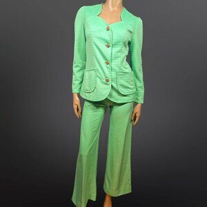 Vintage 70s Flare Leg Pant Suit Size S Green Trousers Jacket 2 Piece Set